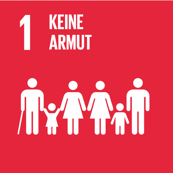 Logo SDG 1 Keine Armut: Menschen auf rotem Hintergrund; Ziele für nachhaltige Entwicklung